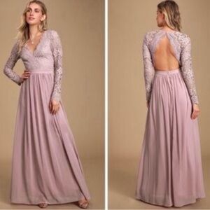 Lulu's Awaken My Love Dusty Lavender Long Sleeve Lace Maxi Dress
